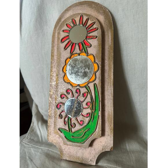 Vintage Folk Art Mirror Wooden Art pink flowers Painted Mirror - Picture 2 of 12